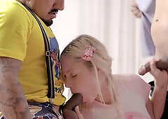 Juggy blonde chick Vivian Lola pleasures 2 cocky guys in bed