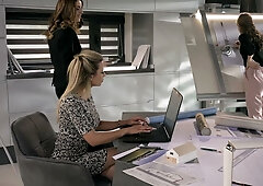 Tiffany Tatum and Blue Angel join a colleague for a steamy office threesome