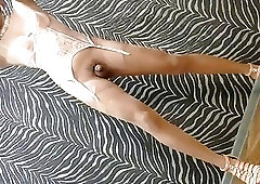 Sweet ladyboy in peach lingerie