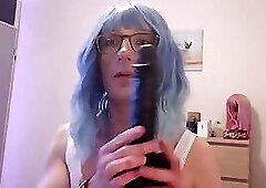 Blue haired sissy Jaymie playing with her toys and tasting her own ass
