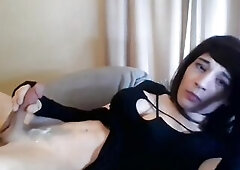Cute teen femboy cums on her stomach