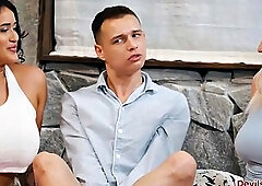 Big tits stepmoms taking turns sucking stepsons cock