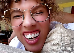 Curly haired MILF with glasses gets anally fucked and creampied by her stepson