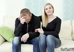 Klara Smetanova gives a blowjob while her cuckold husband watches