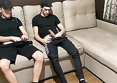 Straight jerk off with twink gay friend in sportswear (blowjob and cum in mouth)