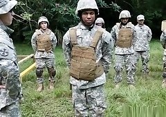 Ebony soldier deepthroating cock outdoors