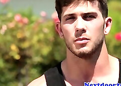 Athletic twunk beating off his pulsating cock