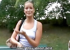 Small titted blonde is about to give a blowjob to a horny stranger, just for fun