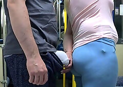 Touch on a Public Bus! Filthy Stranger Touch Her Ass without Permission with his bulge and Ejaculate On Girl's Hand