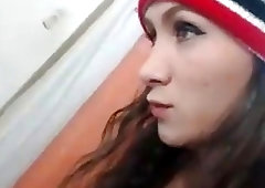 Cute amateur tranny with great boobs strokes her huge boner