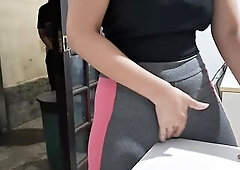 Concupiscent gal rubs and masturbates her camel toe on the table when her neighbour arrives and helps her climax by masturbating her outside and insid