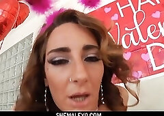 Sexy asian tranny Venus Lux dressed in a sexy red lingerie fucks her hot milf girlfriend pus