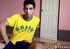 Mega hung Latino Santiago tugs his balls while masturbating solo