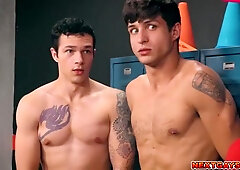 Gay Threesome With Coach And Teammates In The Locker Room - Elliot Finn And Jayden Marcos
