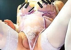 ts femboy purple stocking riding fat dildo outside