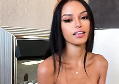 Busty curly brunette with big boobs fucks on couch