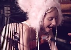 Teen blonde enjoys in cage sex