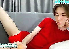 skinny twink femboy strokes his cock on webcam