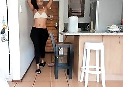 Wicked Black, with large butt, cleaning abode, bending down, whilst butt sticking without her leggings, Big sex toy in butt...