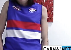 Cute Australian guy licks his own massive ten-inch cock!