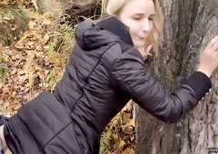 Ukrainian blonde swallows his load in the autumn woods POV
