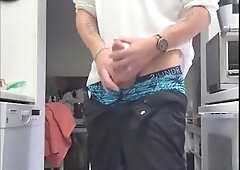 johnholmesjunior wanks giant rigid shaft late night solo flash with enormous spunk stream in dominas kitchen