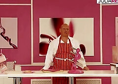 Tattooed angel sucks a giant jock then rides it to a jizz flow