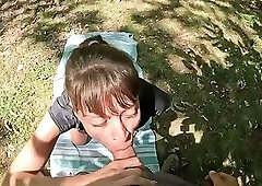 MILF Catches Pervert Masturbating in Public Park Gets Pissed On and Huge Facial Cumshot