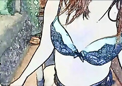 Amber Lily in stockings teases with her small tits during a dirty cartoon-themed solo cam show