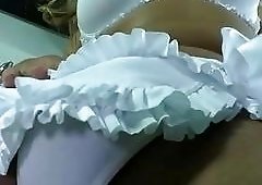 Mature blonde shemale Flavia Monteiro plays with her tranny cock