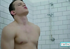 Skinny Brunette Luke A Strokes His Hard Cock On The Shower!