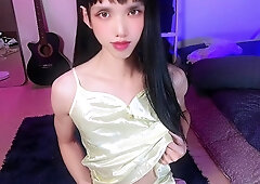 A super-cute femboy jerks in satin and can't help but ejaculation a plenty of