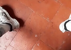 a stud in blue denim and sneakers faps off a prick and jizzes on the floor