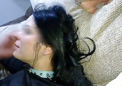 Slapping Whore milf jerk off fat cock on her face after moaning fuck.... thick cum