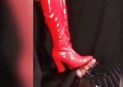 Pedal Pumping A Double-Spunk flow Out Of Tied Schlong Wearing Red Patent Boots (Sideview Preview)