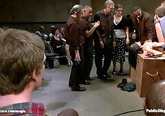 Slave on wooden box public groped