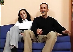 Ravishing brunette hair blows and tugs dude's cock at the casting in front of the fortunate stud.