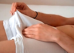 Sporty young stud Jordan Wilder just woke up and starts stroking in his sleek boxer briefs