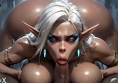 White-haired, purple-eyed darksome elf with a giant booty and large breasts spends the entire night taking large knobs. Anal creampie POV, deepthroat,