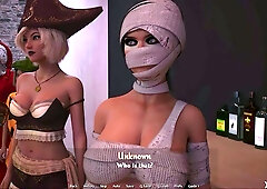 Blonde in a Halloween costume takes control on top during a wild party roleplay