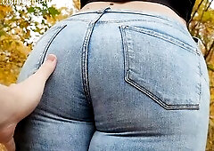 Taut Jeans of Sexy Stranger Brunette hair making My Rod Hard