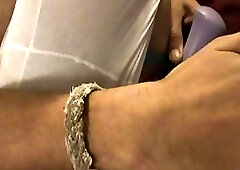 masturbating while wearing girlfriends white leggings and Vera Wang thong.