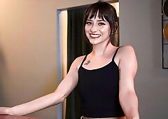 Naughty brunette with natural tits pleasures tattooed dude in POV