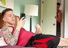 Hot twink caught masturbating to porn by curious roomie