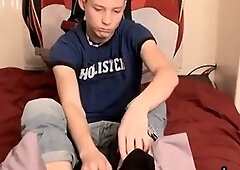 enthralling abnormal Ryan spits on own feet while stroking