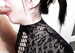 Unfathomable Mouth Cum Gulp from hot Brunette hair with red lips.