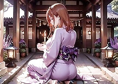 A red-haired beauty in a purple kimono stands under the sacred Torii gate, her expression kewl yet undeniably shy. This babe gently pulls open her bac