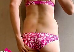 Lascivious Dutch T-girl Uncut Knob & Tgirl Crossdresser Butt Tease in Hawt Pink Brassiere & Pants with JOI