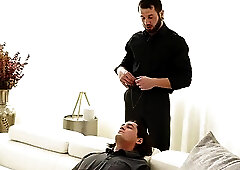 Dominant tattooed hunk barebacks mesmerized gay on couch