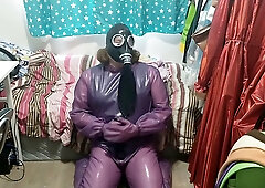 latex nut-juice liberate Purple Body Suit over Swimsuit Gasmask Breathplay Vibrator